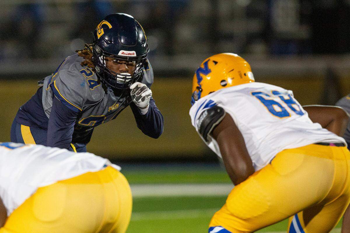 Gautier defensive lineman Brayden Jackson before the snap during a 5A playoff game between Gautier and Natchez at Gautier High School on Friday, Nov. 15, 2024.