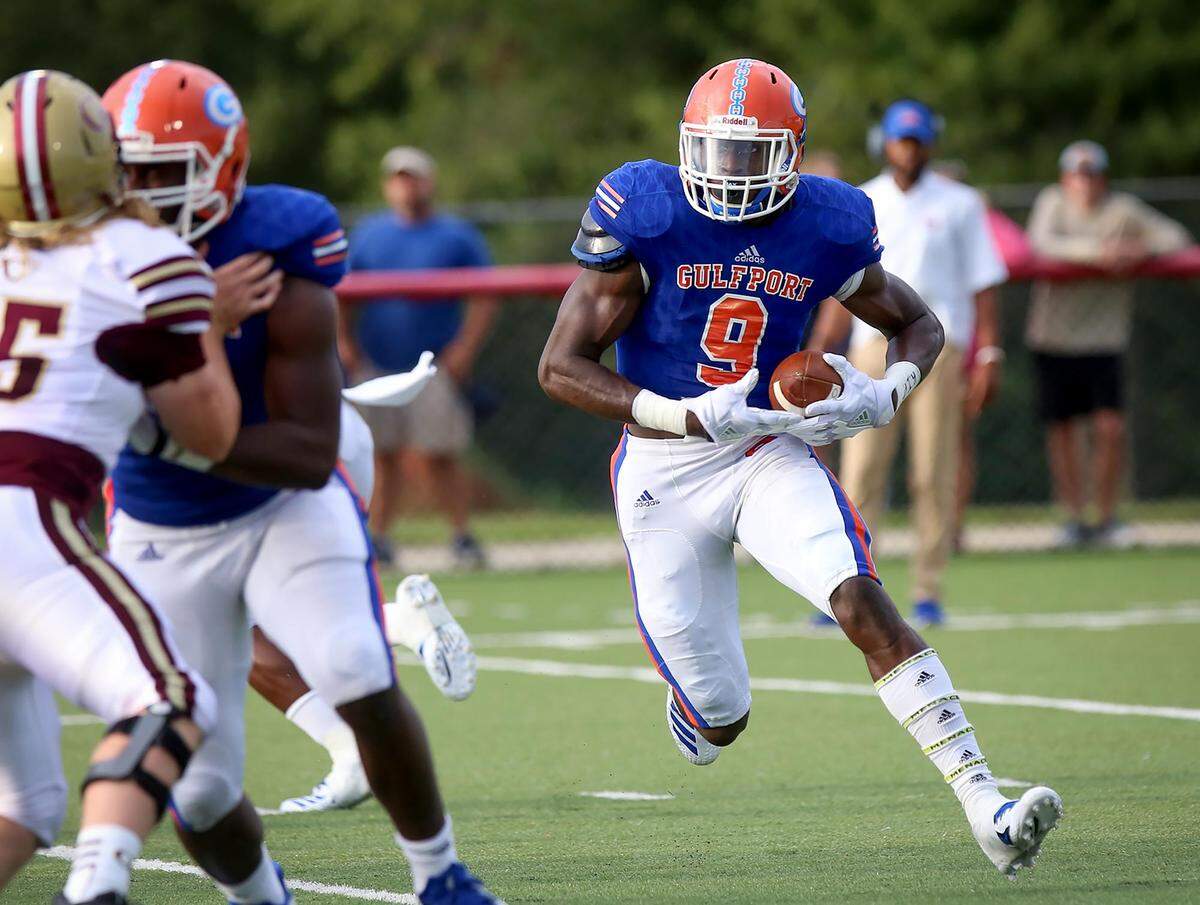 Gulfport High’s Derick Hall runs the ball against George County during the Port City Bowl on Friday, August 17, 2018, at Harrison Central High in Gulfport.