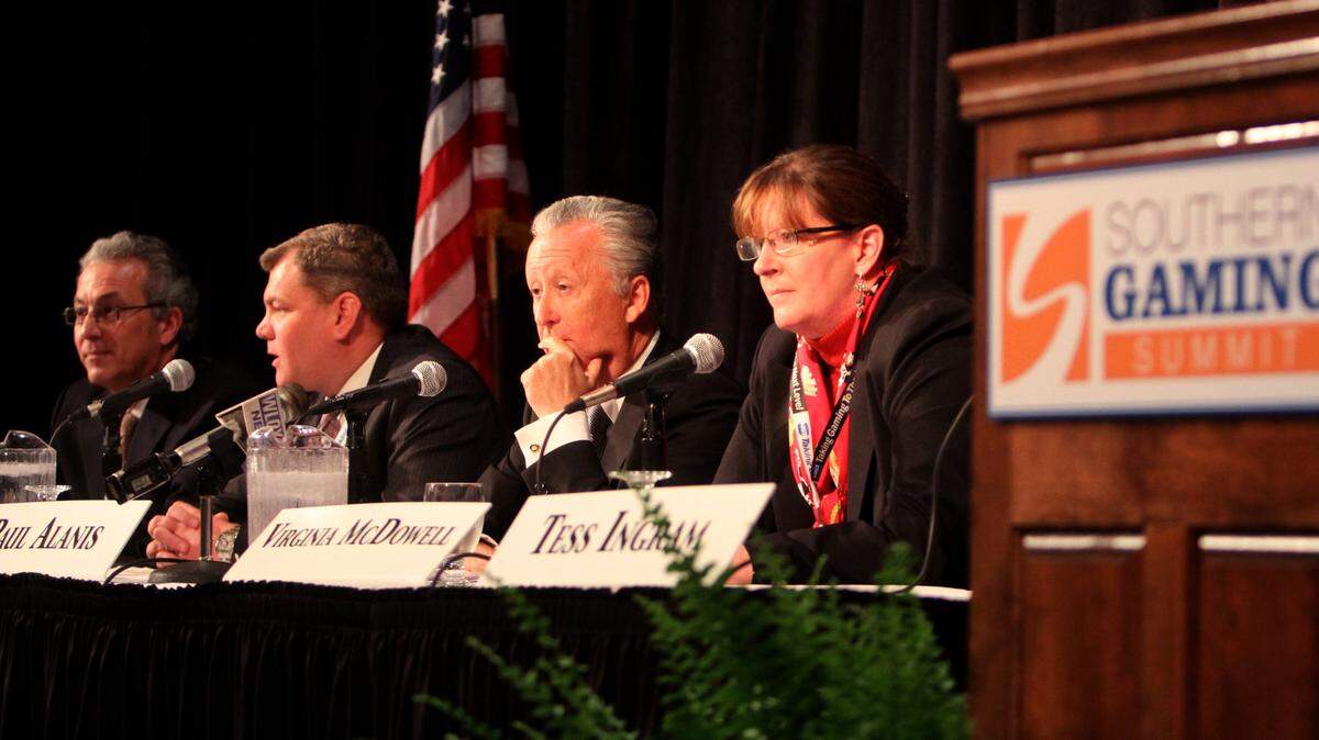JOHN FITZHUGH/SUN HERALD/FILE 
 Four casino executives reported on the industry during the Executive Roundtable at the Southern Gaming Summit in 2010. From left are: Anthony Sanfilippo with Pinnacle Entertainment,who will give the opening address this year, R. Scott Barber with Harrah's Entertainment, Paul Alanis with Silver Slipper Gaming and Virginia McDowell with Isle of Capri Casinos.