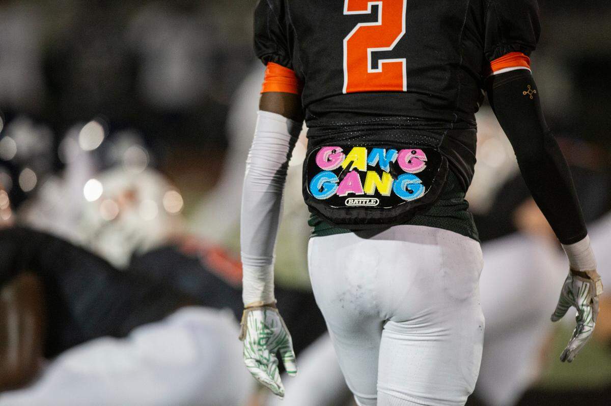 West Harrison Hurricanes’ Tyson Johnson wears decorative padding during a game against Moss Point at West Harrison High School in Gulfport on Friday, Sept. 22, 2023.