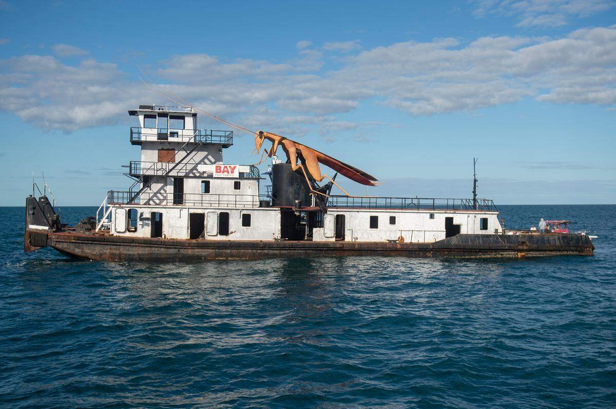 A tugboat, which is host to a giant steel cockroach, is being prepared to be sunk into the Gulf of Mexico on Monday, Nov. 25, 2024. The boat will serve as an artificial reef, creating a habitat for sea life as well as an attraction for fishermen and divers.
