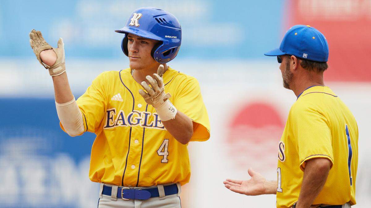 Resurrection Catholic’s Miller Kay (4) celebrates after getting a hit against Tupelo Christian in Game Two of the MHSAA 1A Baseball Championships held at Trustmark Park in Pearl, Mississippi. (Photo by Bob Smith)