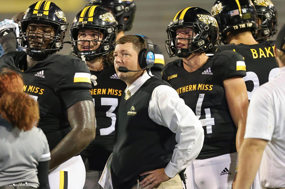 Southern Miss Golden Eagles head coach Will Hall watches a replay on the video board during the game between Southern Miss and UTEP at Hancock M.M. Roberts Stadium, Hattiesburg, MS, October 9, 2021.