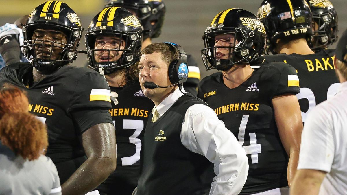 Southern Miss Golden Eagles head coach Will Hall watches a replay on the video board during the game between Southern Miss and UTEP at Hancock M.M. Roberts Stadium, Hattiesburg, MS, October 9, 2021.