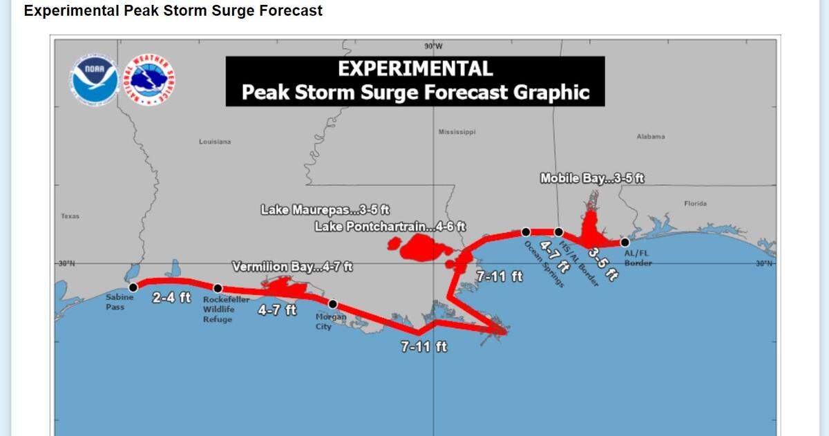 Peak surge levels for Hurricane Ida are shown on this National Oceanic and Atmospheric Administration graphic.