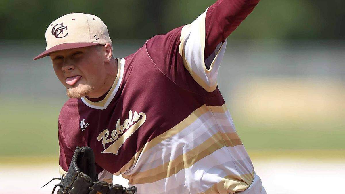 Starting pitcher Walker Robbins throws to an Oxford hitter on Tuesday, May 19, in the 2015 MHSAA Baseball State Championship at Trustmark Park in Pearl, Miss.