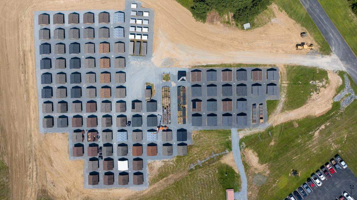 An aerial view of the Roof Aging Farm at the Insurance Institute for Business & Home Safety’s research center in South Carolina, where wind observations from actual hurricanes, or theoretical wind scenarios, can be used to test asphalt shingles. The chamber is also designed to run full-scale wildfire ember-attack scenarios and full-scale hailstorm simulations.