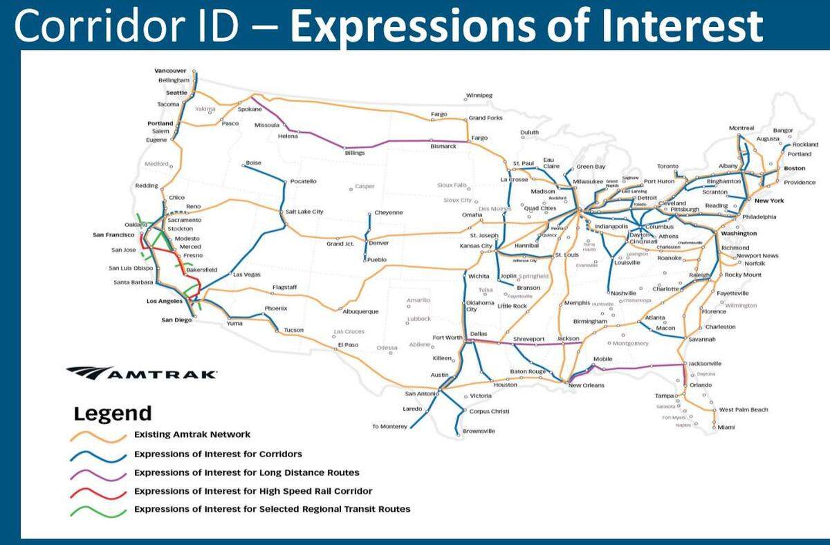 This Amtrak map shows all the areas of the country where there is interest in expanding passenger train service, including across the Florida panhandle from Jacksonville, Florida, to New Orleans.