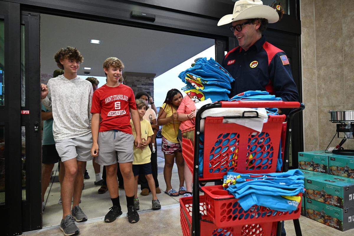 There were free T-shirts given away to some of the first folks through the door Monday, June 9, 2025, during the opening of the Harrison County Buc-ee’s.