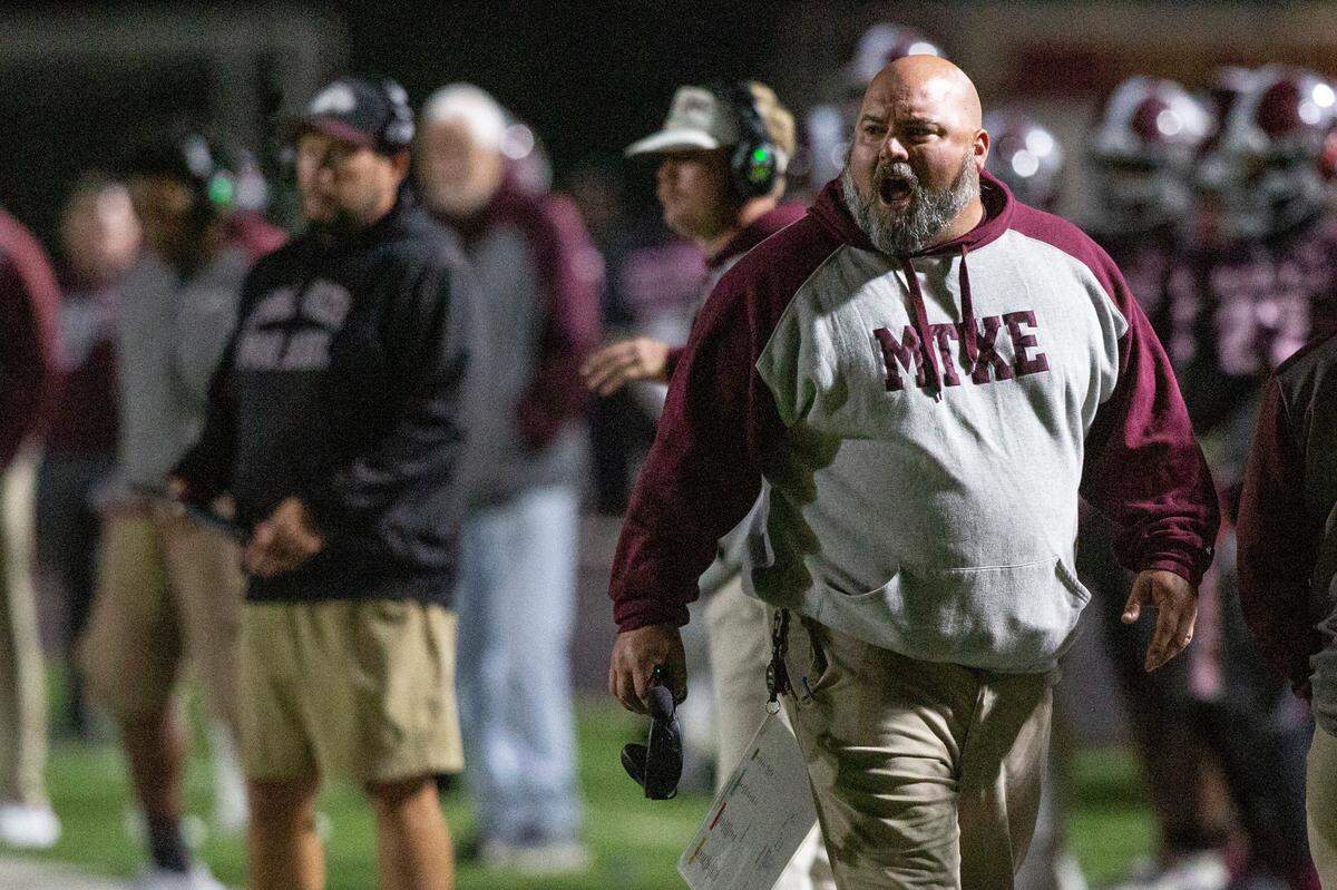 Picayune Head Coach Cody Stogner on the sidelines of a playoff game between Picayune and George County at Lee-Triplett Stadium in Picayune on Friday, Nov. 22, 2024.