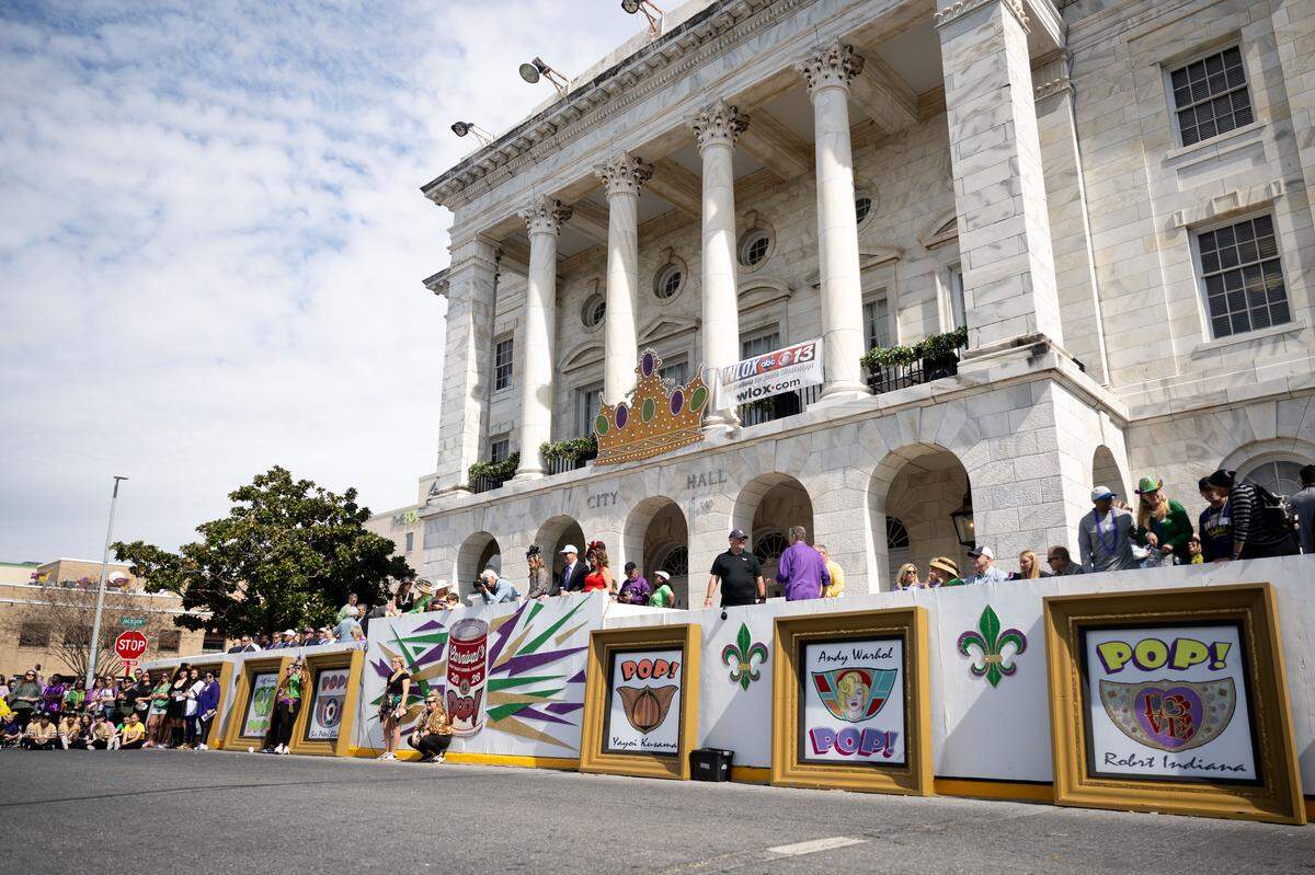 The outside of Biloxi City Hall is seen during the Gulf Coast Carnival Association’s Fat Tuesday parade in Biloxi on Tuesday, Feb. 17, 2026.