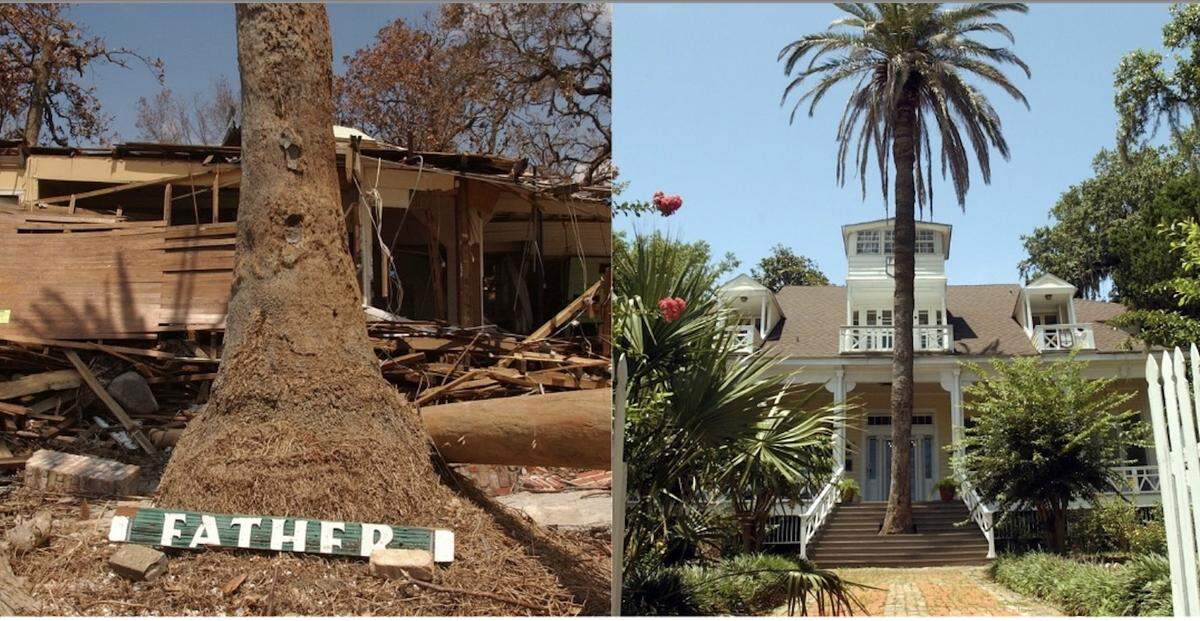 The iconic Father Ryan House on the beach highway in Biloxi had a palm tree growing through the stairs. Hurricane Katrina destroyed the house.