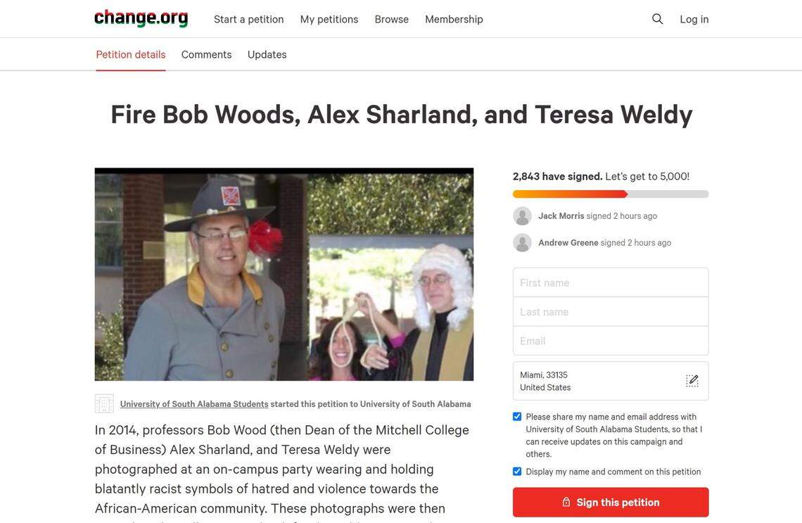 University of South Alabama students launched an online petition calling for the firing of three professors seen posing in racially offensive Halloween costumes.