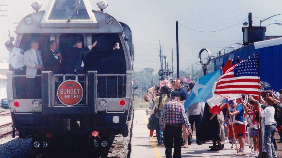A crowd at Biloxi waves as the Amtrak Sunset Limited pulls out of the station in 1993. That service ended in 2005.