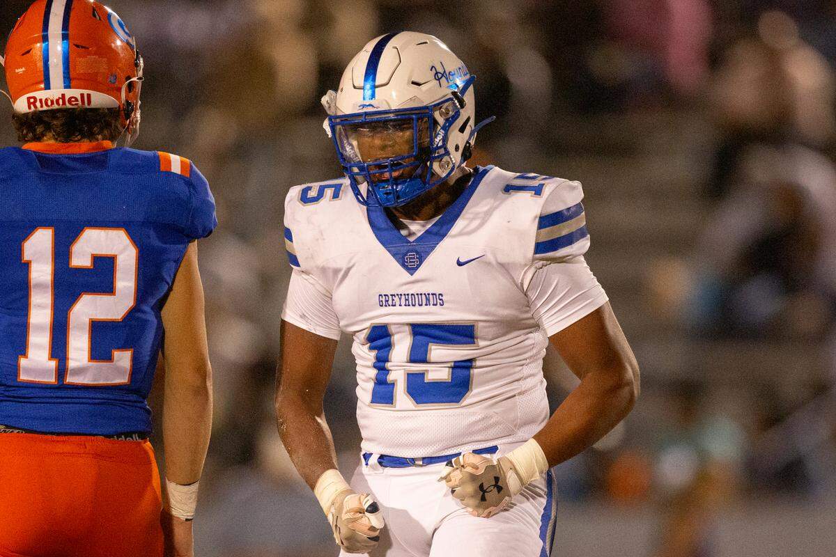Ocean Springs’ Bryant Ausmer cheers after a play during a game against Gulfport at Milner Stadium in Gulfport on Friday, Oct. 27, 2023. Ocean Springs beat Gulfport 30-7.