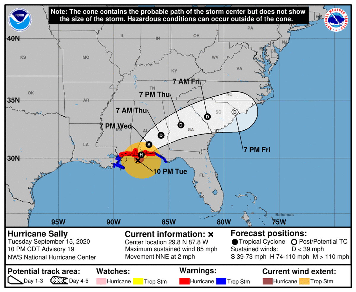Hurricane Sally track forecast at 10 p.m. Sunday on Sept. 15, 2020