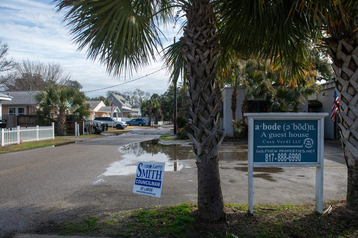 A sign marks a guest house on Sycamore Street in Bay St. Louis on Jan. 31, 2025. There are several short term rentals and other lodgings on Sycamore.