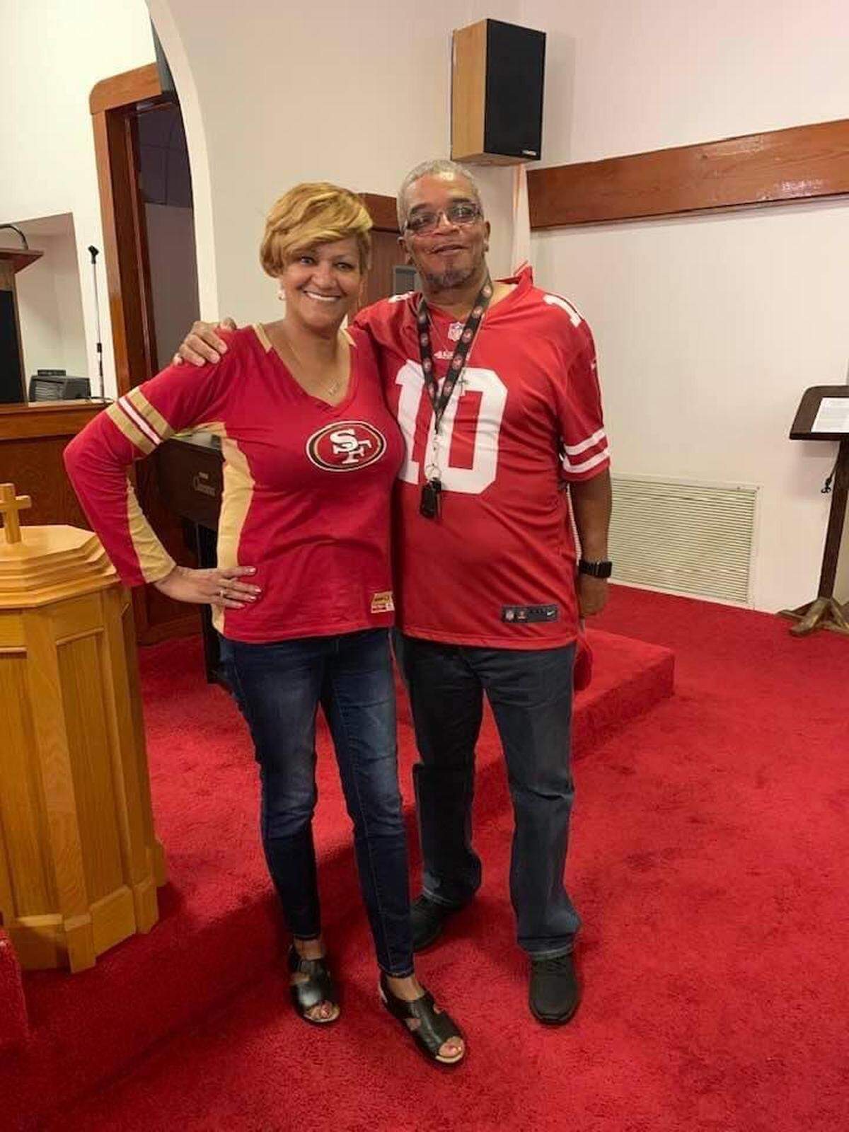 Vicki and Terry Fairley wore their 49ers gear to services at Mt. Pleasant United Methodist Church on a team spirit day in early 2020, before the coronavirus pandemic hit.