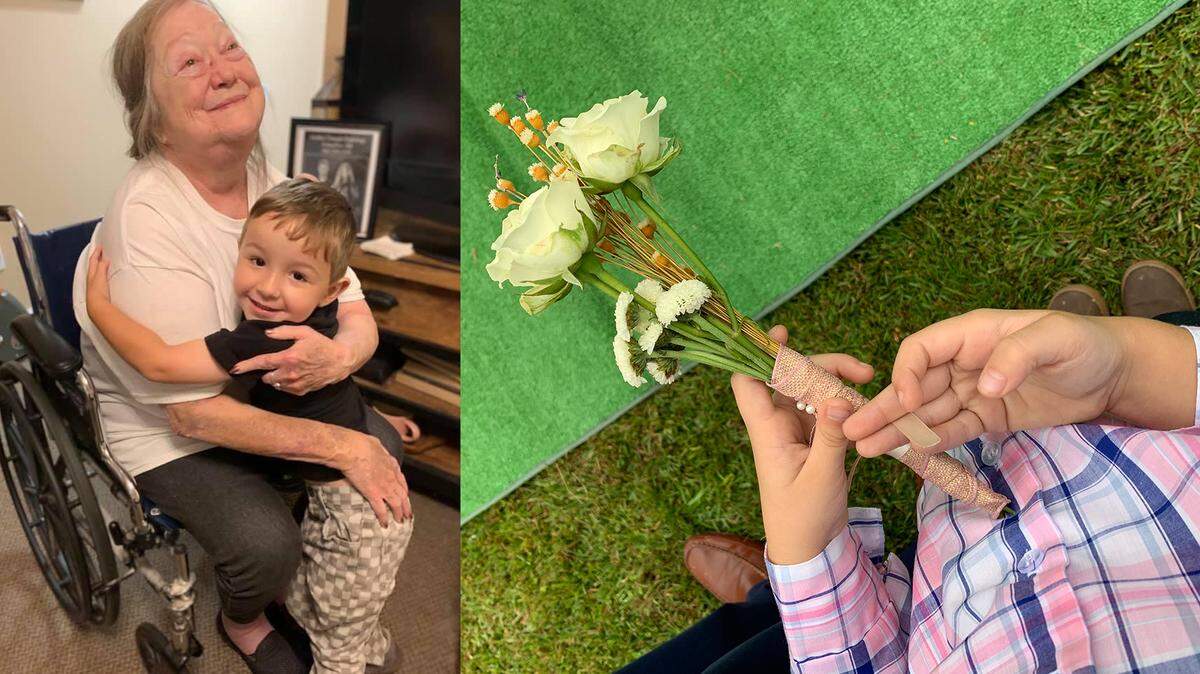 Charlie Clark and his “Gran,” left, and on right is Charlie holding flowers at the burial for “Gran,” after she died of COVID-19.