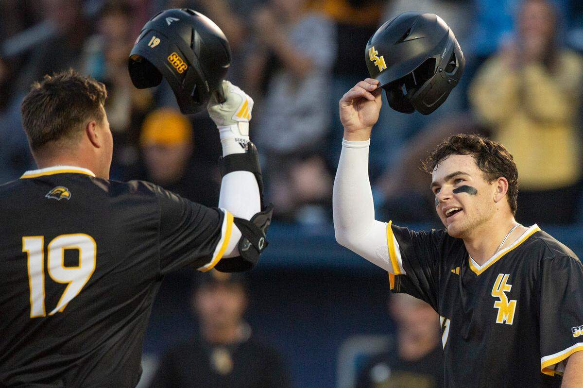 Southern Miss’ Matthew Russo and Davis Gillespie react after scoring during a game against Nicholls State at Keesler Federal Park in Biloxi on Tuesday, March 25, 2025.
