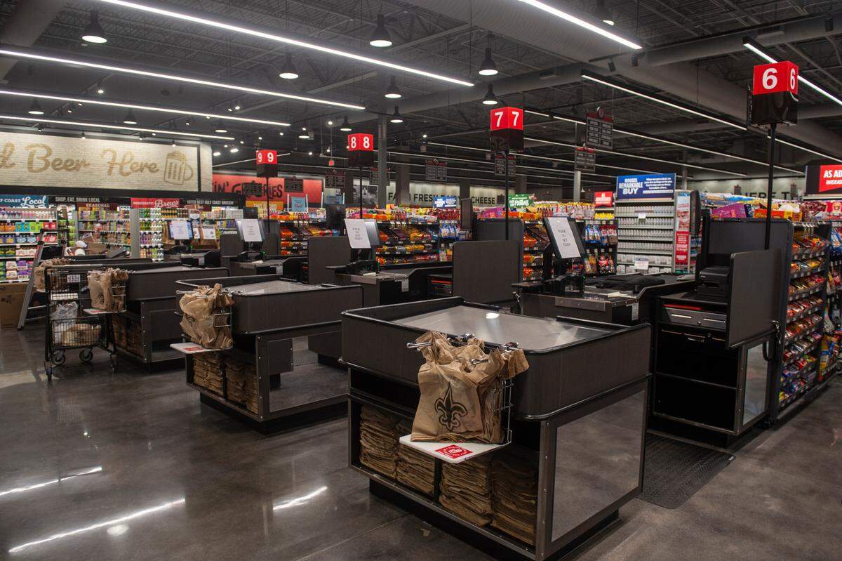 Checkout aisles at the new Rouses Market location on Pass Road in Biloxi on Tuesday, Oct. 15, 2024.