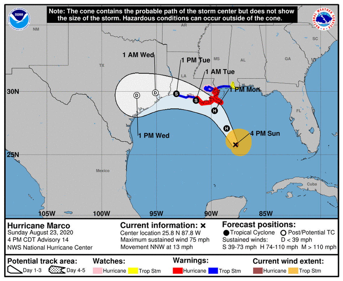 Forecast track for Hurricane Marco as of 4 p.m. Sunday