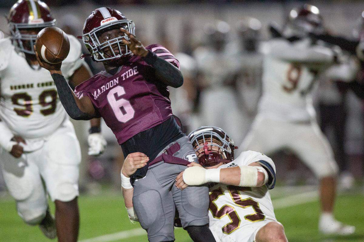 Picayune’s Brandon Parker Jr. throws a pass during a playoff game between Picayune and George County at Lee-Triplett Stadium in Picayune on Friday, Nov. 22, 2024.