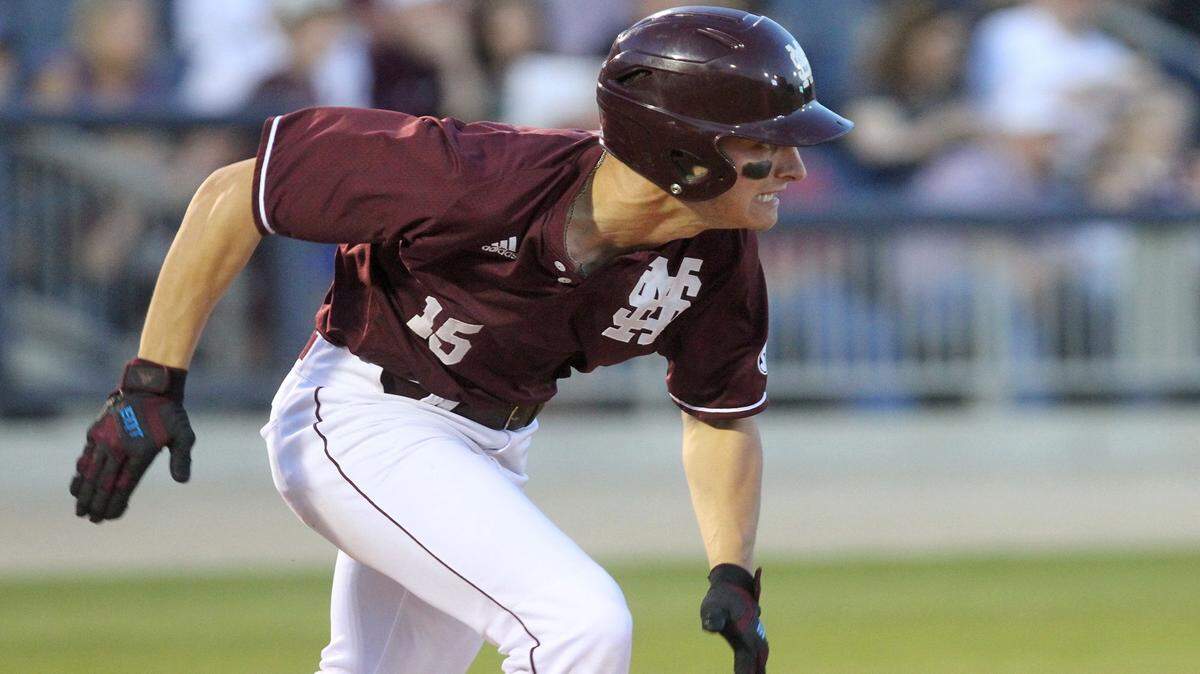 JOHN FITZHUGH/SUN HERALD 
 Mississippi State's Jake Magnum runs to first during the second inning of their game against Louisiana-Monroe at MGM Park in Biloxi on April 20. The Bulldogs opened a three-game series against Missouri on Thursday.