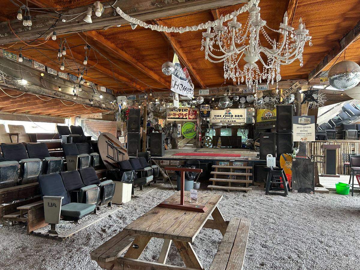 The live stage area at The Shed Barbecue and Blues Joint in Ocean Springs, Mississippi.