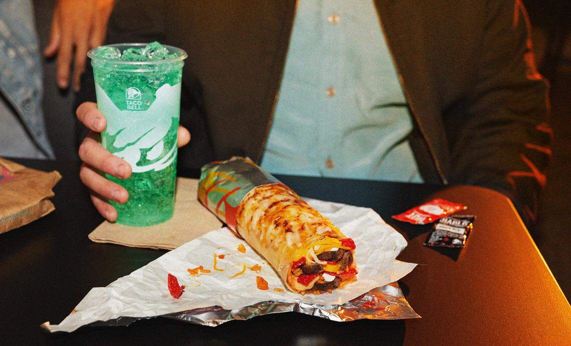 The Double Steak Grilled Cheese Burrito features a “double portion of grilled marinated steak, seasoned rice and flavorful signature sauces” wrapped in a tortilla, according to a product description.