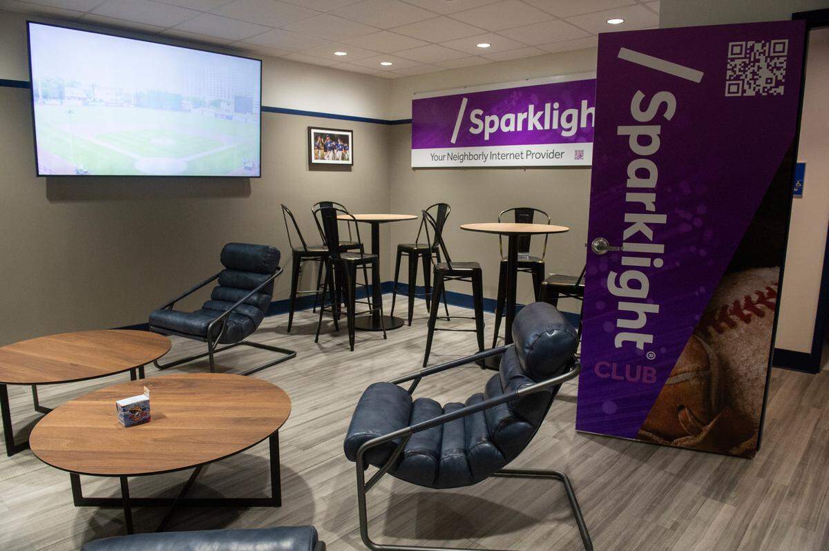 The recently renovated Sparklight Lounge at Shuckers Ballpark, on Friday, May 10, 2024. The lounge is included with tickets in the first few rows behind home plate and includes food.