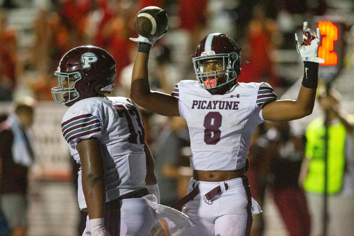 Picayune’s BJ Ducre reacts after a touchdown during a game between Picayune and Ocean Springs at Greyhound Stadium in Ocean Springs on Friday, Sept. 27, 2024.