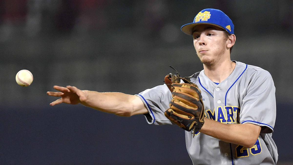 St. Martin’s Christian Thomas (29) throws out a DeSoto Central runner in the first game of the MHSAA State Baseball Championships on Wednesday, May 15, 2019, at Trustmark Park in Pearl, Miss.