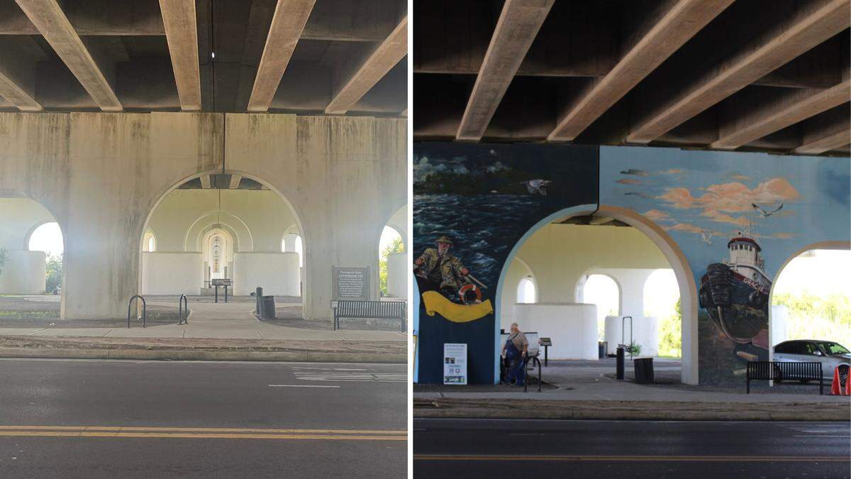Just over two months ago, James Mayo, his son Isaac Mayo and Bud Ehlert received permission from Pascagoula city officials to begin painting a mural featuring a magnolia, ships and sailors.