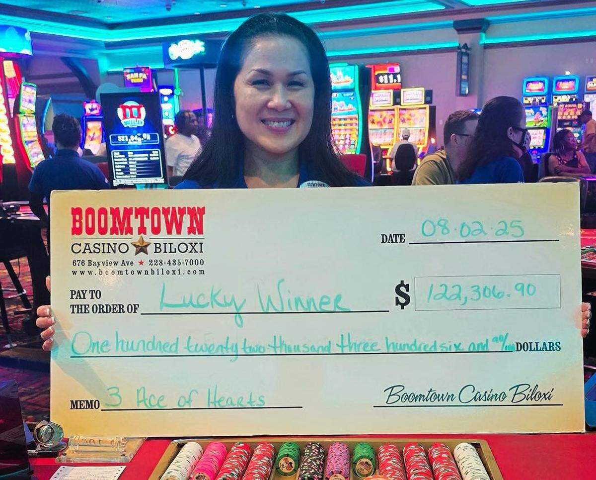 A staff member at Boomtown Casino Biloxi holds the ceremonial check for the jackpot won by an unidentified player from Mobile. It’s the 15th jackpot of the year over $100,000 at casinos in South Mississippi.