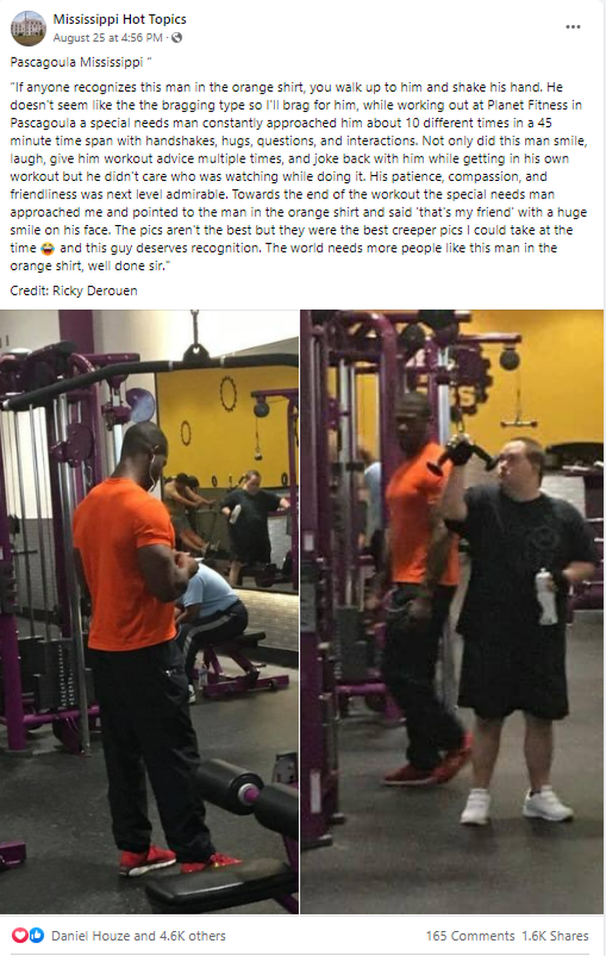 The viral post of a friendly encounter at a Pascagoula gym has been shared and seen by thousands.