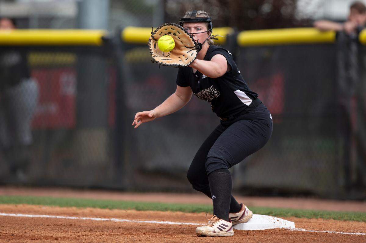 George County Lady Rebels’ Kyleigh Howell catches a pass at first base during the 5A 2023 MHSAA Softball Championship game at USM Softball Complex in Hattiesburg on Thursday, May 18, 2023.