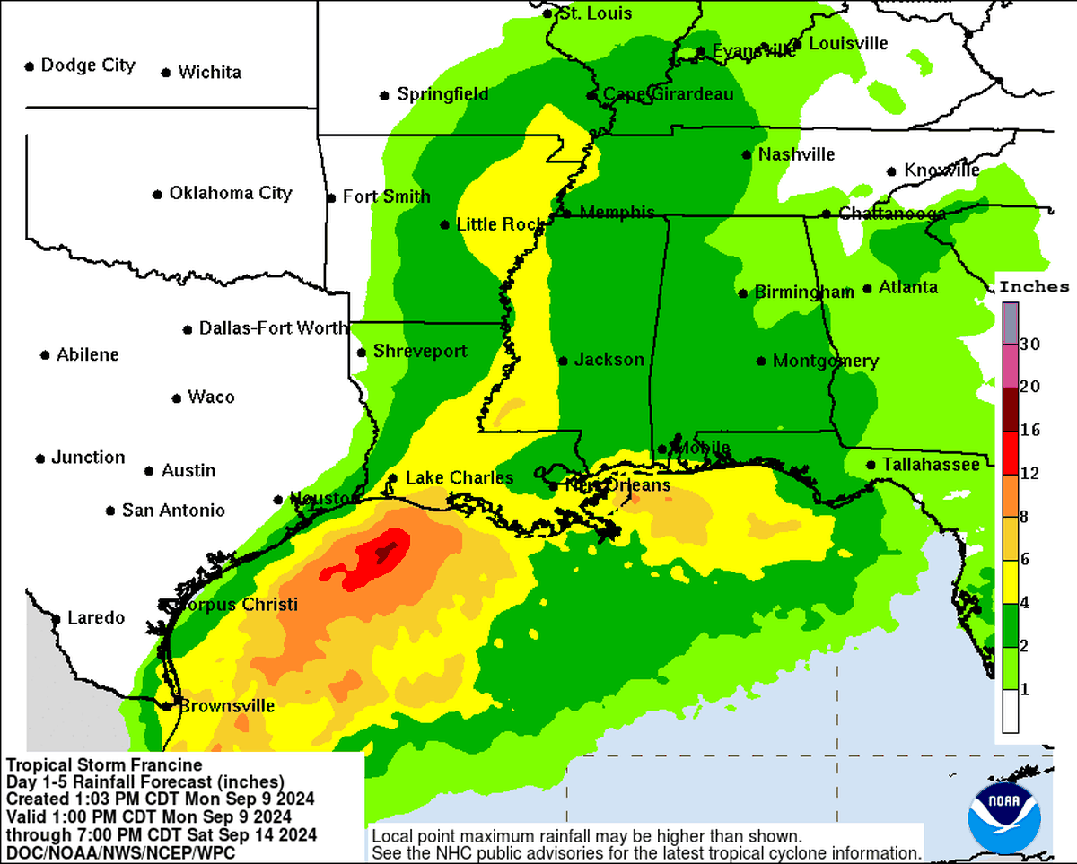 The Mississippi Coast could get 4 to 6 inches of rain this week as Tropical Storm Francine moves toward Louisiana.