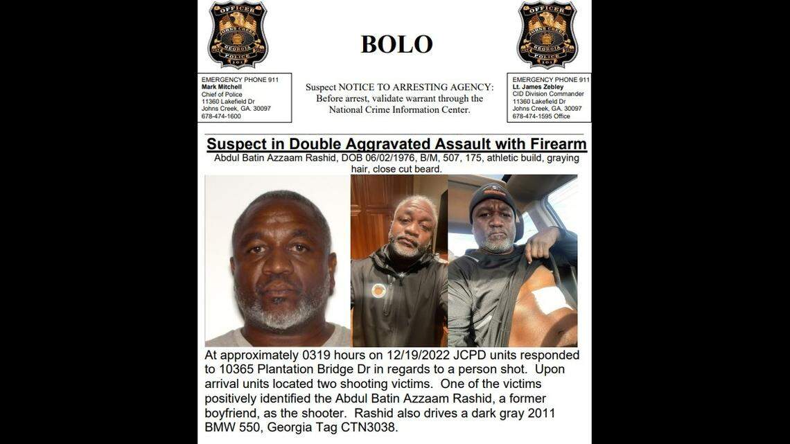 Abdul Rashid, 46, is wanted in a double shooting that injured his ex-girlfriend and her boyfriend, police in Johns Creek, Georgia, say.