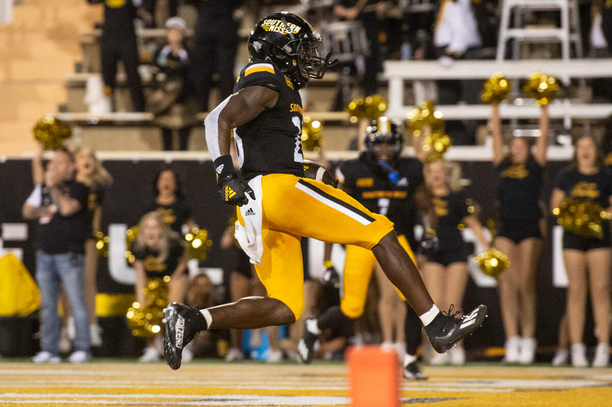 Southern Miss Golden Eagles running back Janari Dean (28) scores a touchdown during a game against Arkansas State at M.M. Roberts Stadium in Hattiesburg on Saturday, Oct. 15, 2022.