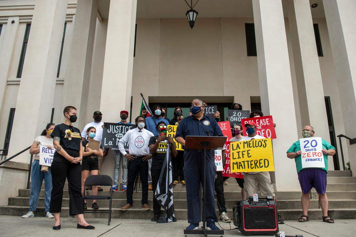 James Crowell, of the Biloxi NAACP, speaks outside the Gulfport Police Department during a protest against the killing of infant La’Mello Parker that occurred in May on Wednesday, Sept. 8, 2021.