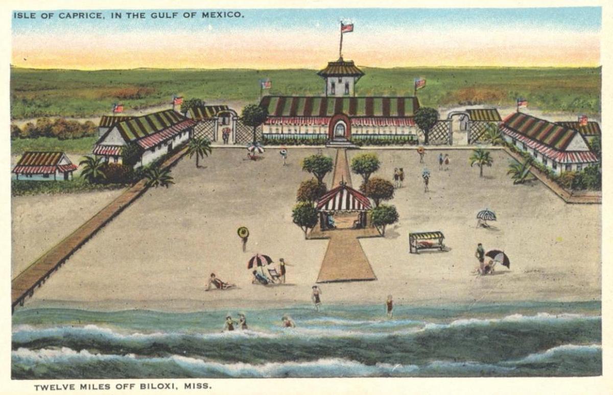 The Isle of Caprice opened in 1925 just outside of Mississippi waters on what had formally been named Dog Island. It offered sunbathing, swimming and gambling. Alcoholic drinks were not sold on the island but accommodating boat owners supplied visitors.