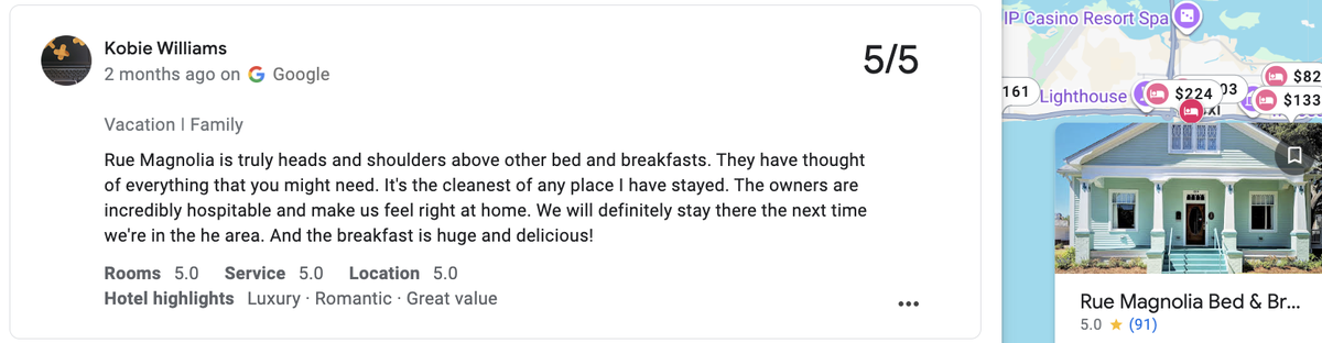 Rue Magnolia Bed & Breakfast in Biloxi has a 5-star rating on Google reviews.