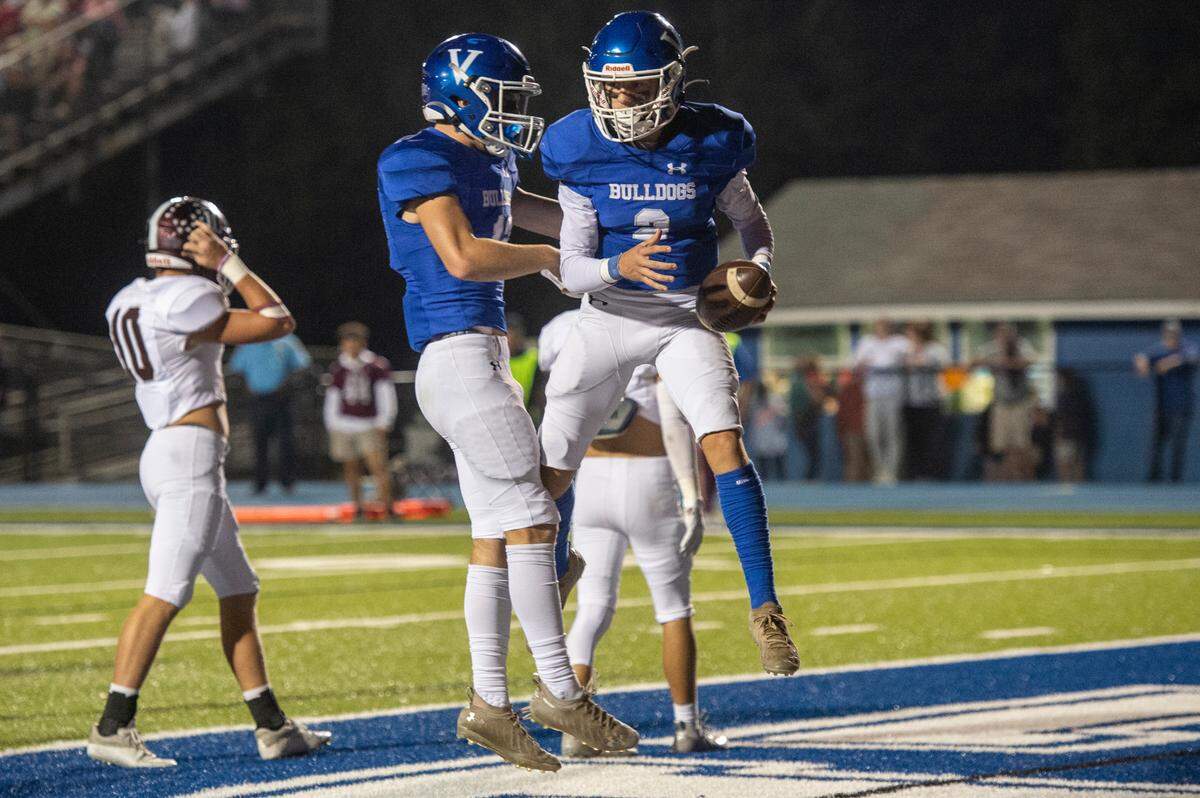 Vancleave’s Hunter Parker, right, celebrates with a teammate after scoring a touchdown during a game between Vancleave and East Central at Vancleave Football Stadium in Vancleave on Thursday, Nov. 3, 2022.