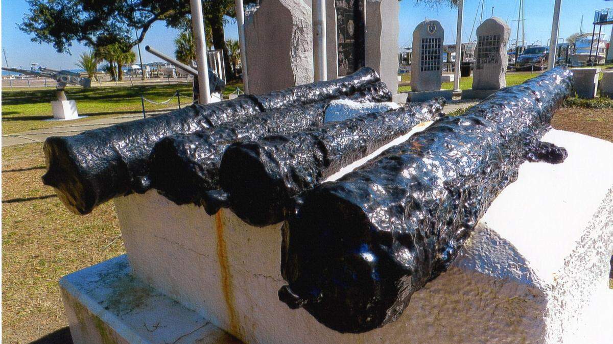 KAT BERGERON/SPECIAL TO THE SUN HERALDAn oysterman found these four colonial cannons in 1892 on a sunken ancient ship in Biloxi Bay. Several of the original wooden carriages for the cannon were also recovered in good condition at that time. They are at Guice Park in Biloxi.