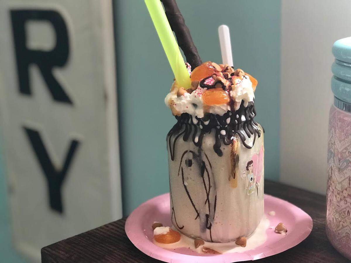 The Harry Potter Butterbeer shake is a special milkshakes being served for a limited time at Dolce Bakeshop in Long Beach. It features a chocolate-covered pretzel wand.