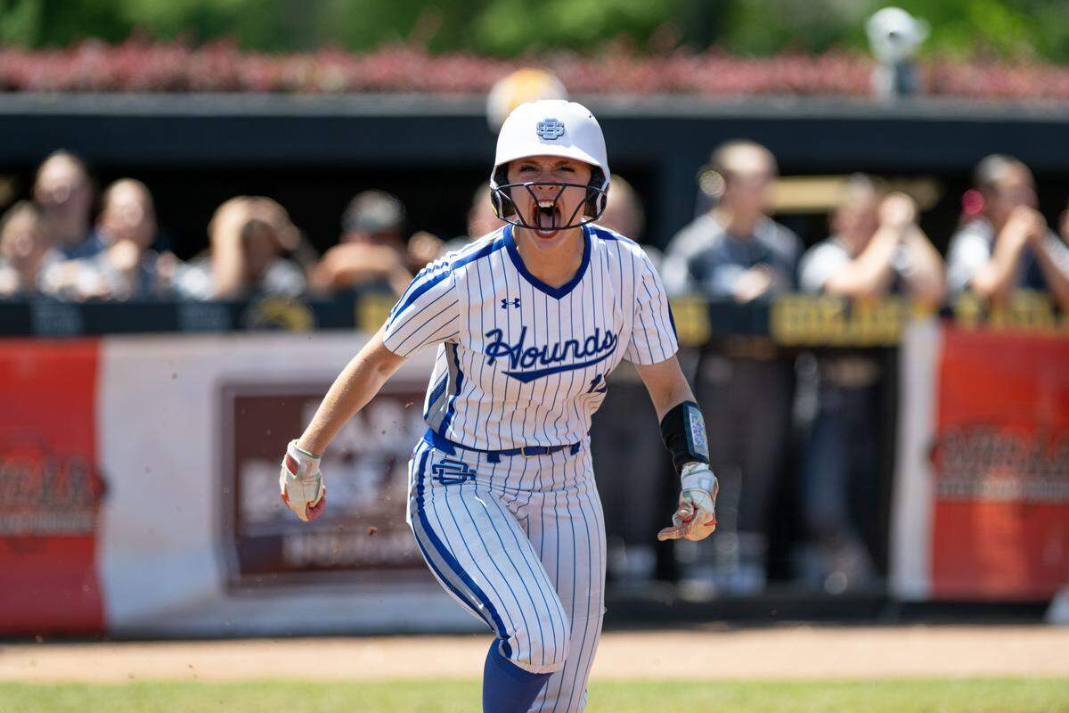 Ocean Springs’ Taylor Farra (11) celebrates a hit during a softball 7A state final game at the Southern Miss Softball Complex on Friday, May 15, 2026.