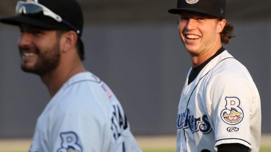 JOHN FITZHUGH/SUN HERALD 
 Biloxi Shuckers centerfielder Brett Phillip, right, hit three homers Saturday in a 9-3 win at Pensacola.