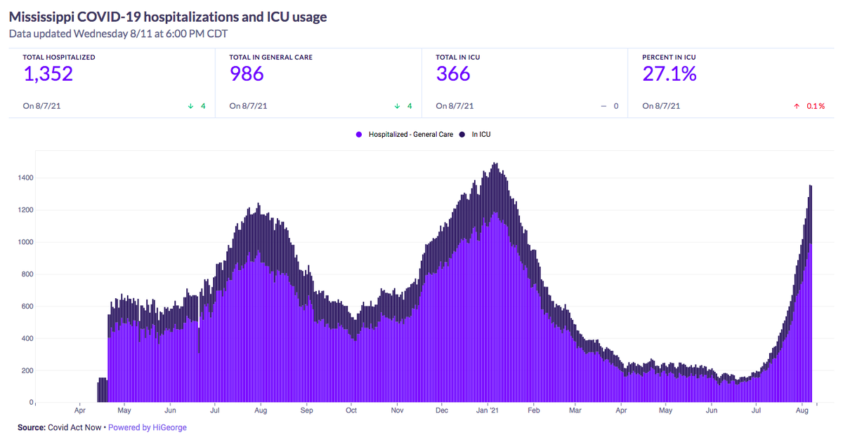 Daily coronavirus hospitalizations and ICU usage in Mississippi through Aug. 11, 2021. Cases and deaths soared during the summer, as did business in South Mississippi.