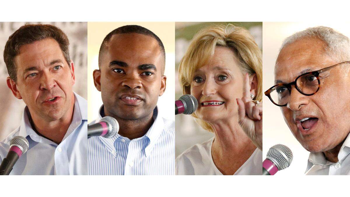 U.S. Senate candidates from Mississippi, from left, state Sen. Chris McDaniel, Tobey Bartee, U.S. Sen. Cindy Hyde-Smith and former Ag Secretary Mike Espy.